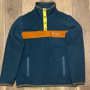 cotopaxi Teal Fleece Pullover with Orange Chest Stripe and Yellow Placket